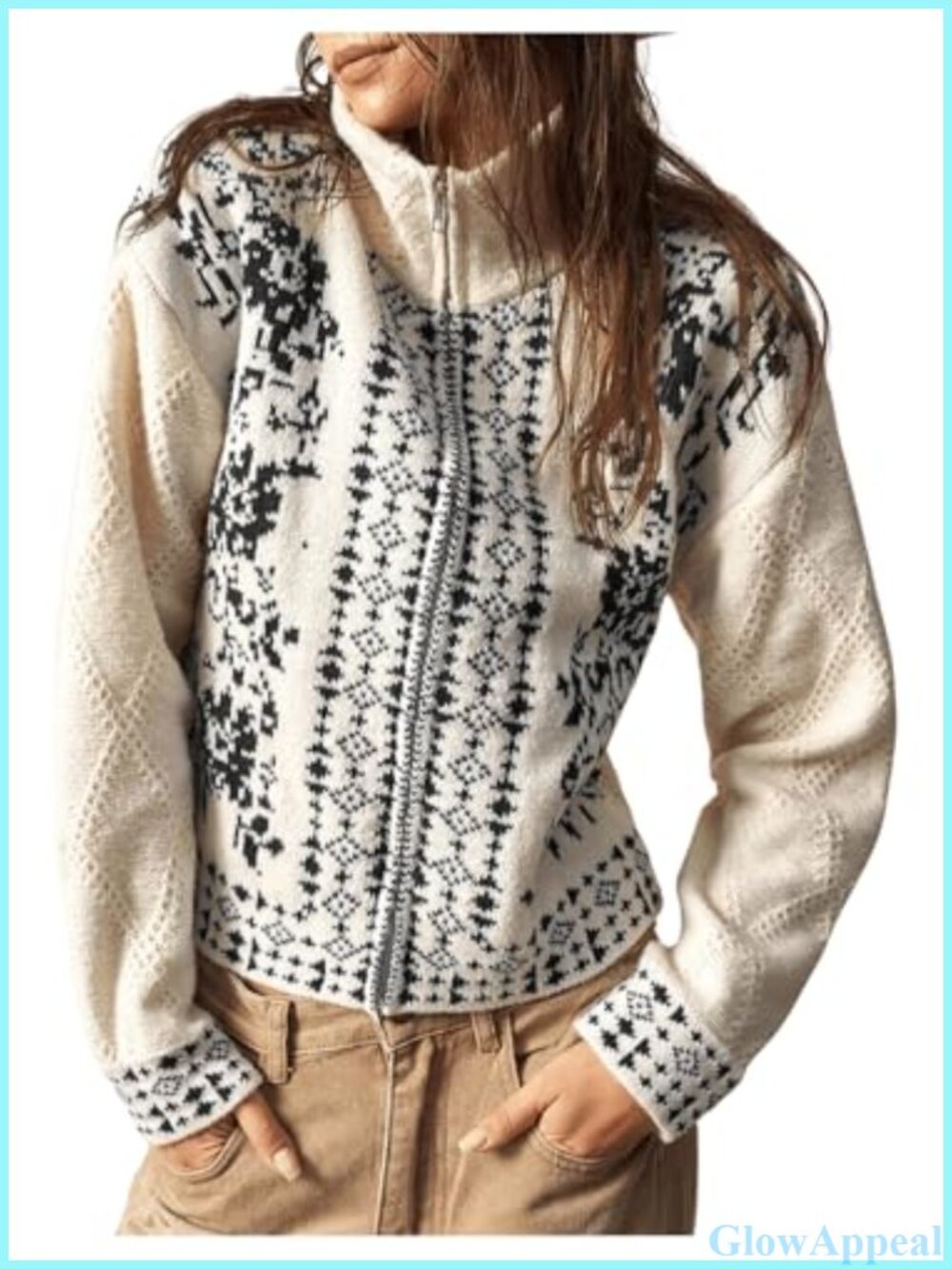 Floral Embroidered Boho Cardigan Zip Up Jacket Mock Neck Long Sleeve